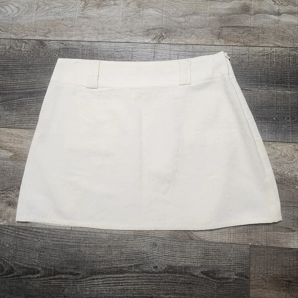 Mini Skirt Womens M Cream Textured Cotton A Line Pockets Coastal Western Cottage